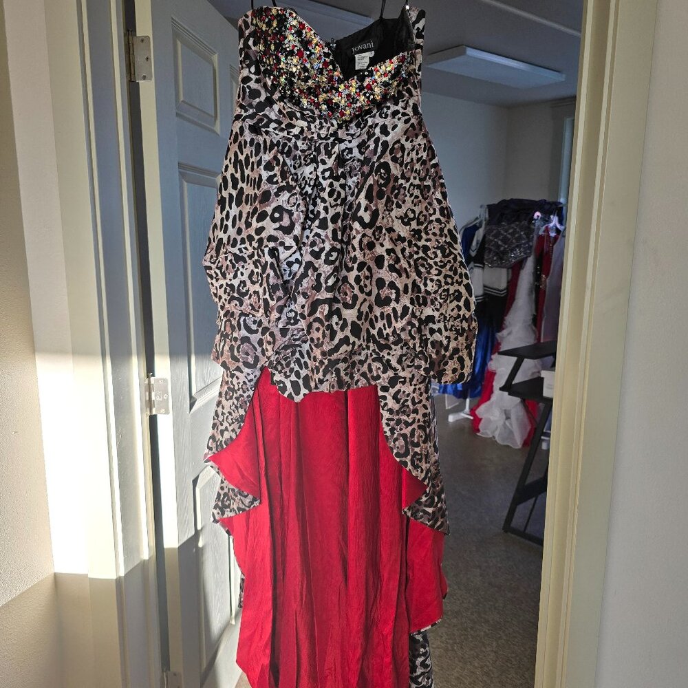 Jovani leopard and red high low prom dress